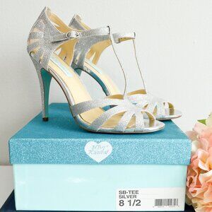 Betsey Johnson SB-TEE Silver Glitter T-Strap Stiletto Heels